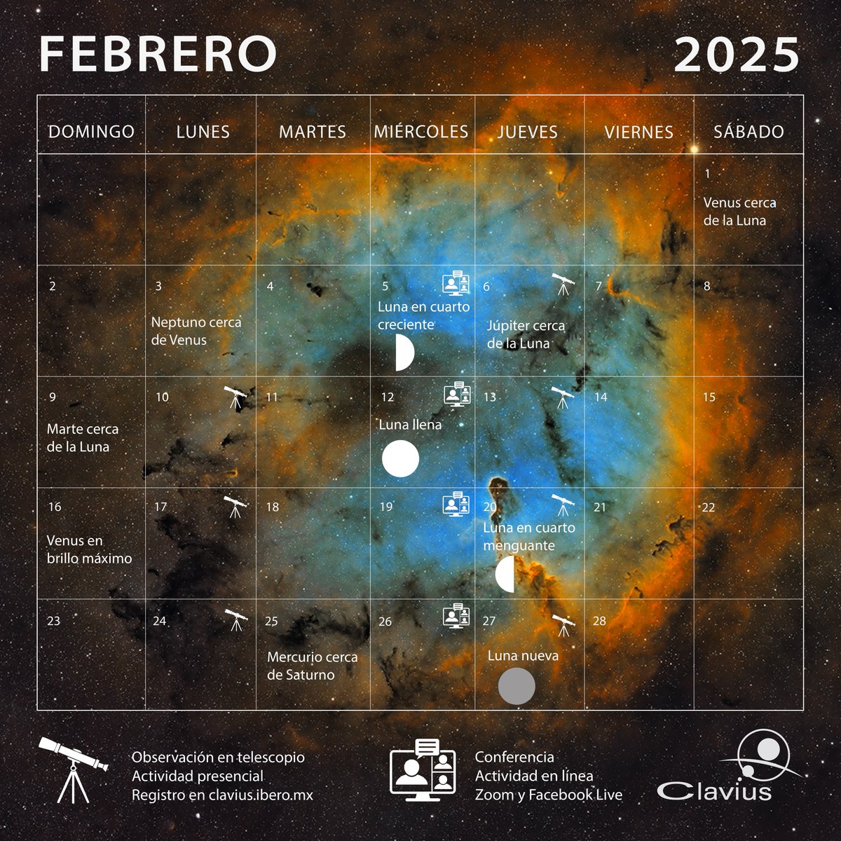 🌠 ¿Adoras mirar al cielo? <a href="/ClaviusIbero/">Clavius Ibero</a> te trae el calendario astronómico de febrero. 🌎🔭

No olvides observar las estrellas desde la nave espacial Tierra. 🚀✨