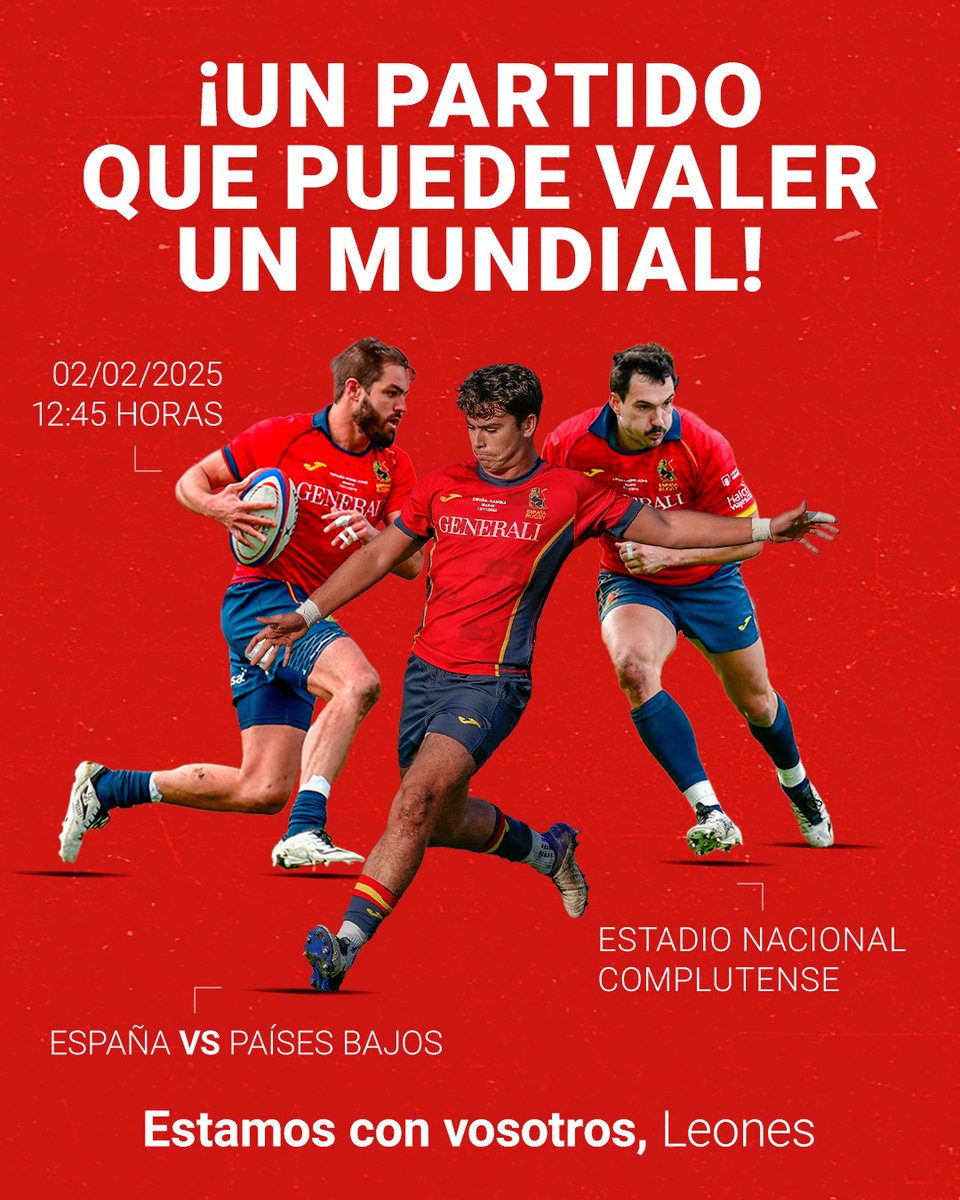 FranGenerali's tweet photo. 🏉 ¡TODOS CON LOS LEONES! Este domingo 2 de febrero nuestros Leones tienen una cita histórica: se juegan el pase al Mundial tras más de 25 años. 🦁✨Te invito a vivir este partidazo decisivo contra Países Bajos en el Estadio Nacional Complutense de Madrid. ¡No te lo pierdas! https://t.co/mRCvavTpA7