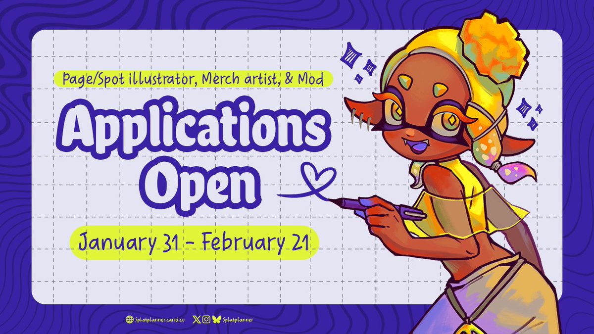 Calling all stationery lovers! 📒💜

Applications for the Splatoon Planner Volume 2 are now open from Jan. 31 - Feb. 21. We're looking for Page/Spot illustrators, Merch artists, and a Finance mod!

📝All application forms can be found on our page: splatplanner.carrd.co/#apply
