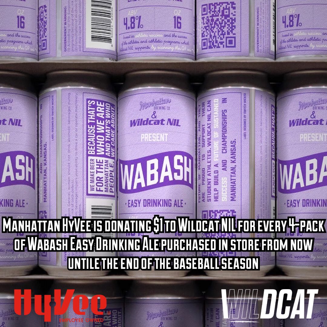 Wildcat NIL (@wildcatnil) on Twitter photo Good news! Manhattan Hy-Vee is extending their Wabash Easy Drinking Ale promotion through the end of <a href="/KStateBSB/">K-State Baseball</a> season.
For every 4-pack of Wabash purchased at Hy-Vee through the end of the baseball season, Hy-Vee will donate $1 to Wildcat NIL.
Support K-State athletes and a Good news! Manhattan Hy-Vee is extending their Wabash Easy Drinking Ale promotion through the end of <a href="/KStateBSB/">K-State Baseball</a> season.
For every 4-pack of Wabash purchased at Hy-Vee through the end of the baseball season, Hy-Vee will donate $1 to Wildcat NIL.
Support K-State athletes and a