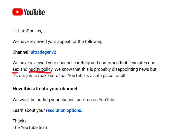 ultradegenv2's tweet photo. So the channel I've worked on for years just suddenly gets deleted and a vague email is all I get as a response...? https://t.co/SDyBoOd5ZN