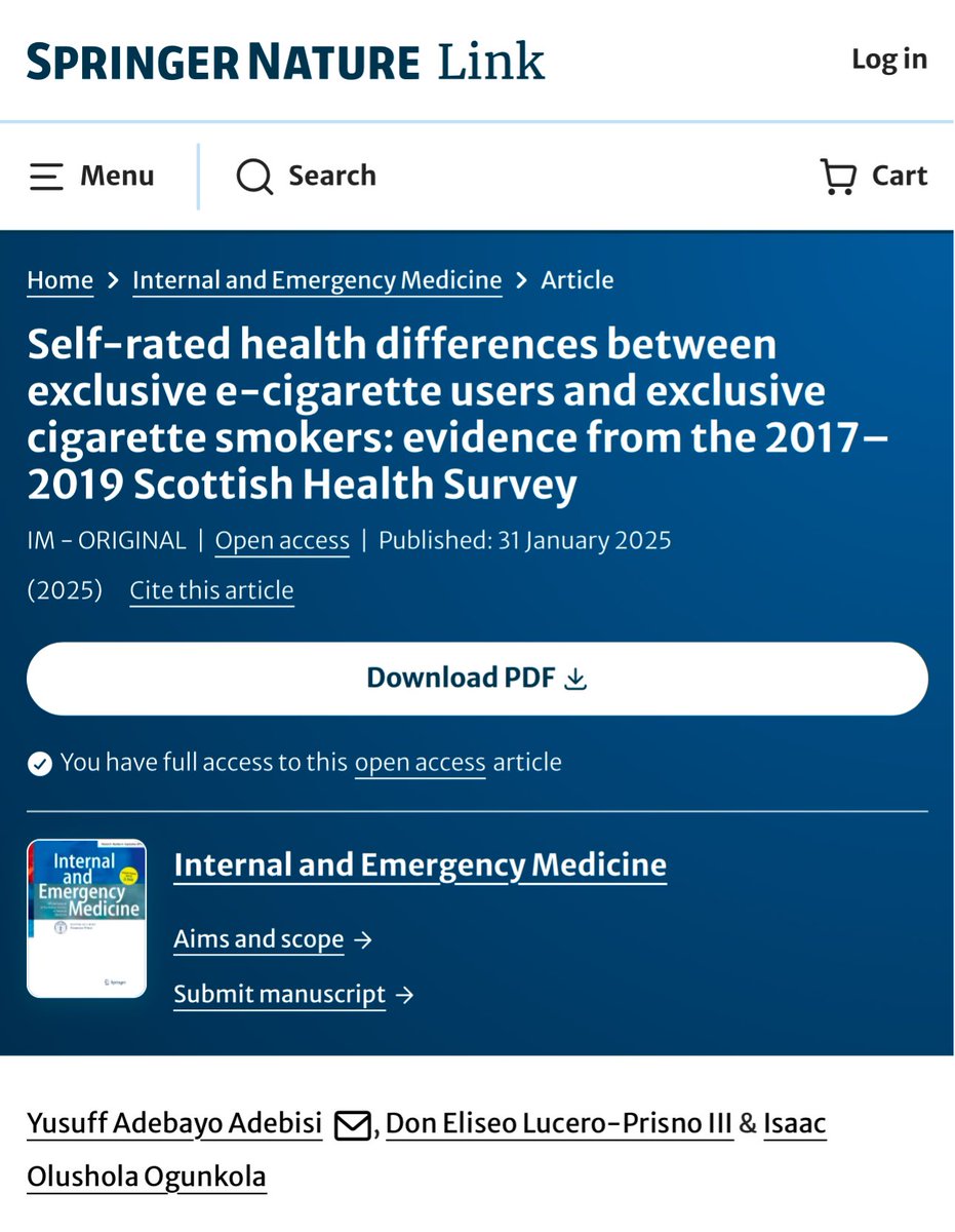 🚨 New Research Alert! 🚨

Exclusive e-cigarette users report better self-rated health than exclusive cigarette smokers, especially moderate and heavy smokers after adjusting for relevant covariates. Harm reduction in action? 🤔 #TobaccoControl

🔗: link.springer.com/article/10.100…