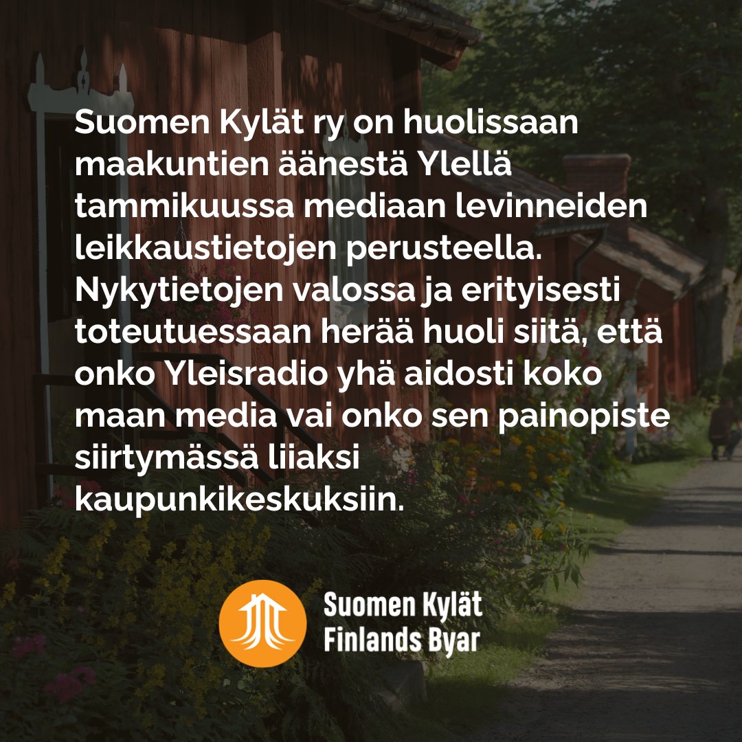 suomenkylat's tweet photo. 📻Yleisradio on koko Suomen media – alueellinen tasa-arvo on turvattava! 

Suomen Kylät ry on huolissaan maakuntien äänestä Ylellä tammikuussa mediaan levinneiden leikkaustietojen perusteella.

https://t.co/dL69MFP9R4

#yleisradio #kannanotto #maakunta #leikkaukset https://t.co/4WcS4h0FgZ