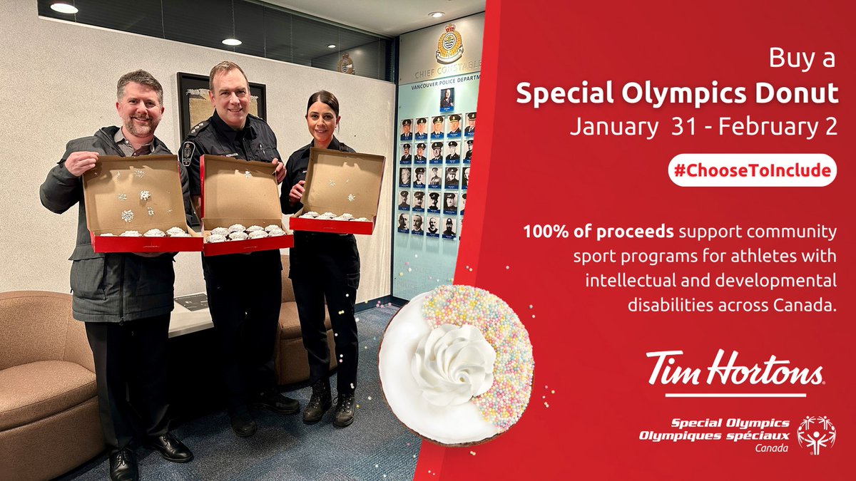 VancouverPD's tweet image. Spread the word! @TimHortons will be selling the Special Olympics Donut from Jan 31 to Feb 2. All proceeds will support @SpecialOCanada athletes with
intellectual disabilities. #ChooseToInclude