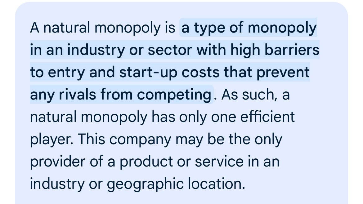 ContentCritic2's tweet photo. @GabrielSerial98 @aaaaahhhhhahhhh @PamphletsY It was a natural monopoly anyway. Check your defs, I get why you think it sounds like what you’re describing, but it’s not. If you can’t operate because you physically can’t compete with the infrastrutcture, it’s a natural monopoly. https://t.co/NDhBuuW9Ua
