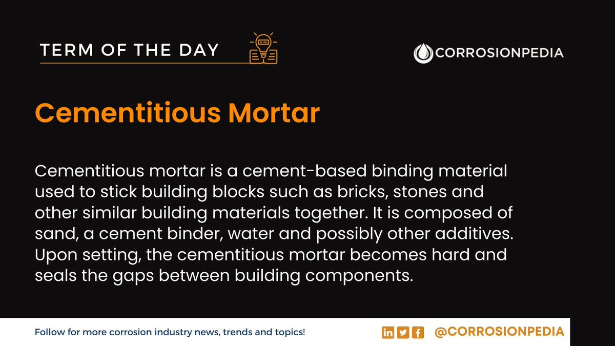 corrosionpedia's tweet image. Building blocks such as cinder blocks and bricks don’t seal together when connected, so a mortar is required to add structural stability and seal gaps. 
Learn more: buff.ly/3X4ZiFh

#CementMortar #BuildingMaterials #StructuralStability #ConstructionTech #MortarMix