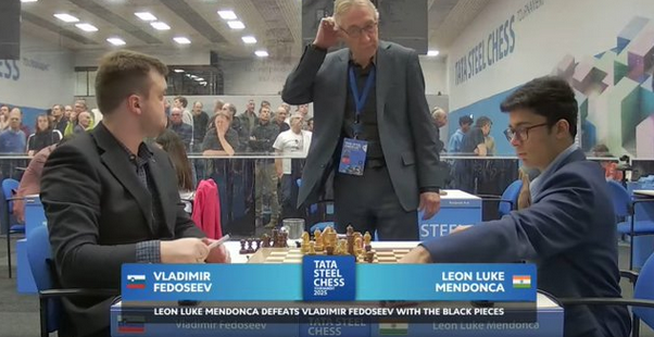 SportsArena1234's tweet photo. FOUR INDIAN PLAYERS REGISTERED WINS AT TATA STEEL CHESS 2025 ROUND 11

Leon scores his first-ever Tata Steel Masters win, defeating 🇸🇮Fedoseev.

Pragg stuns 🇺🇸Fabiano and Hari defeated 🇷🇸Sarana while Gukesh &amp; Arjun drew.

Divya defeated 🇷🇴Irina in Challengers section. https://t.co/juqFDpsLET