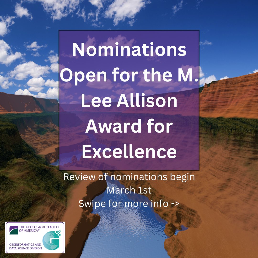 Nominations for the 2025 M. Lee Allison Award excellence in Geoinformatics are open! This award is granted annually by the Geological Society of America Geoinformatics and Data Science Division. 
Form: forms.office.com/r/CEBjb4kWZk