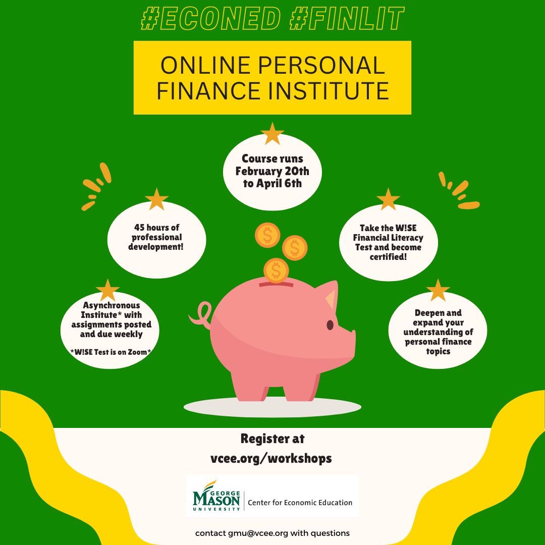 Are you looking to become W!SE certified? Or just find news ideas for your Personal Finance classes? 

Our Spring Online Personal Finance Institute starts February 20th. Register at:

vcee.org/workshop/onlin…