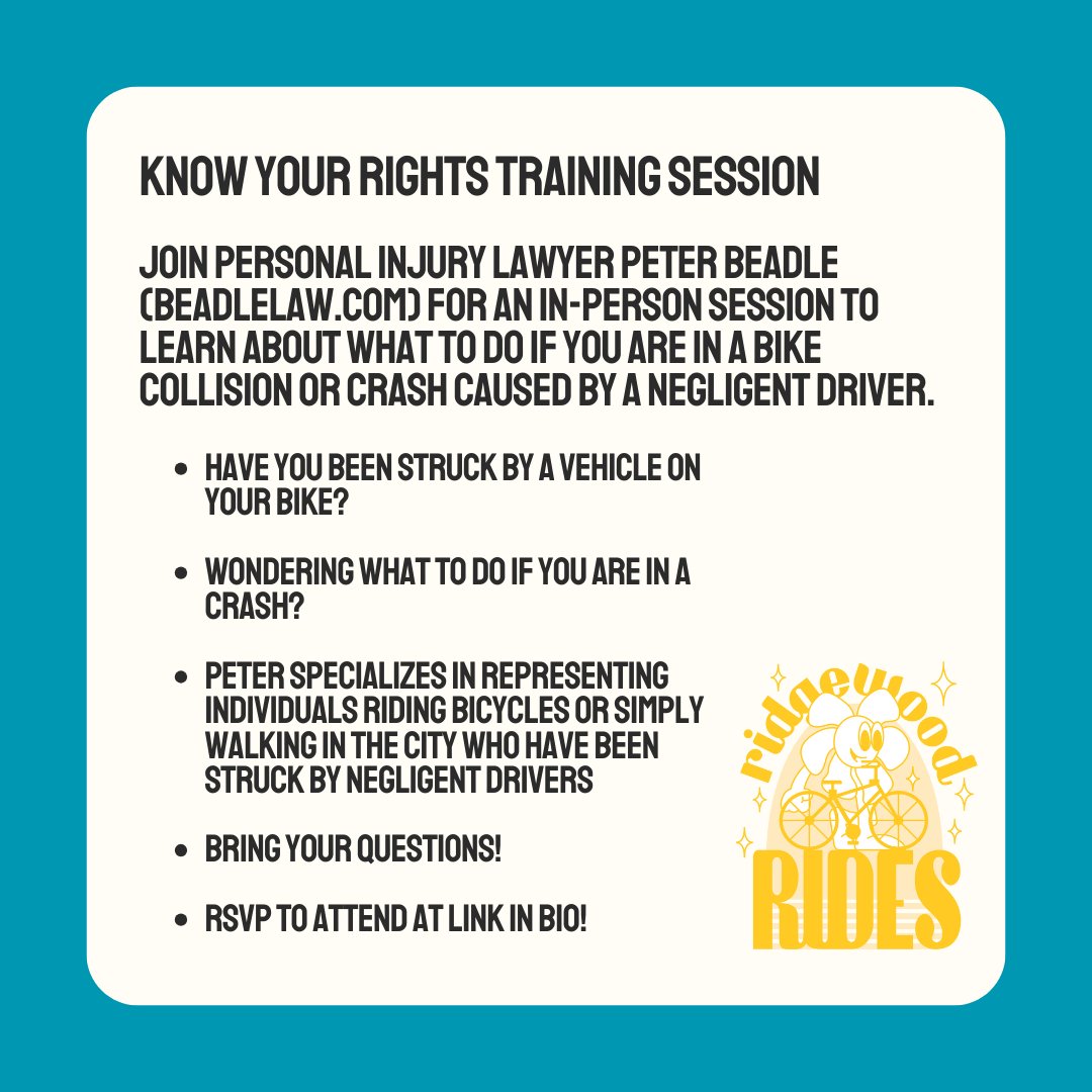 Thrilled to be partnering with <a href="/RidgewoodRides/">Ridgewood Rides</a> to give a talk on your #bikenyc rights, what to do in the event you are injured in a crash &amp; discuss how insurance works &amp; what options are available to you. Everyone is welcome. Hope to see you there.

RSVP: mobilize.us/transalt/event…