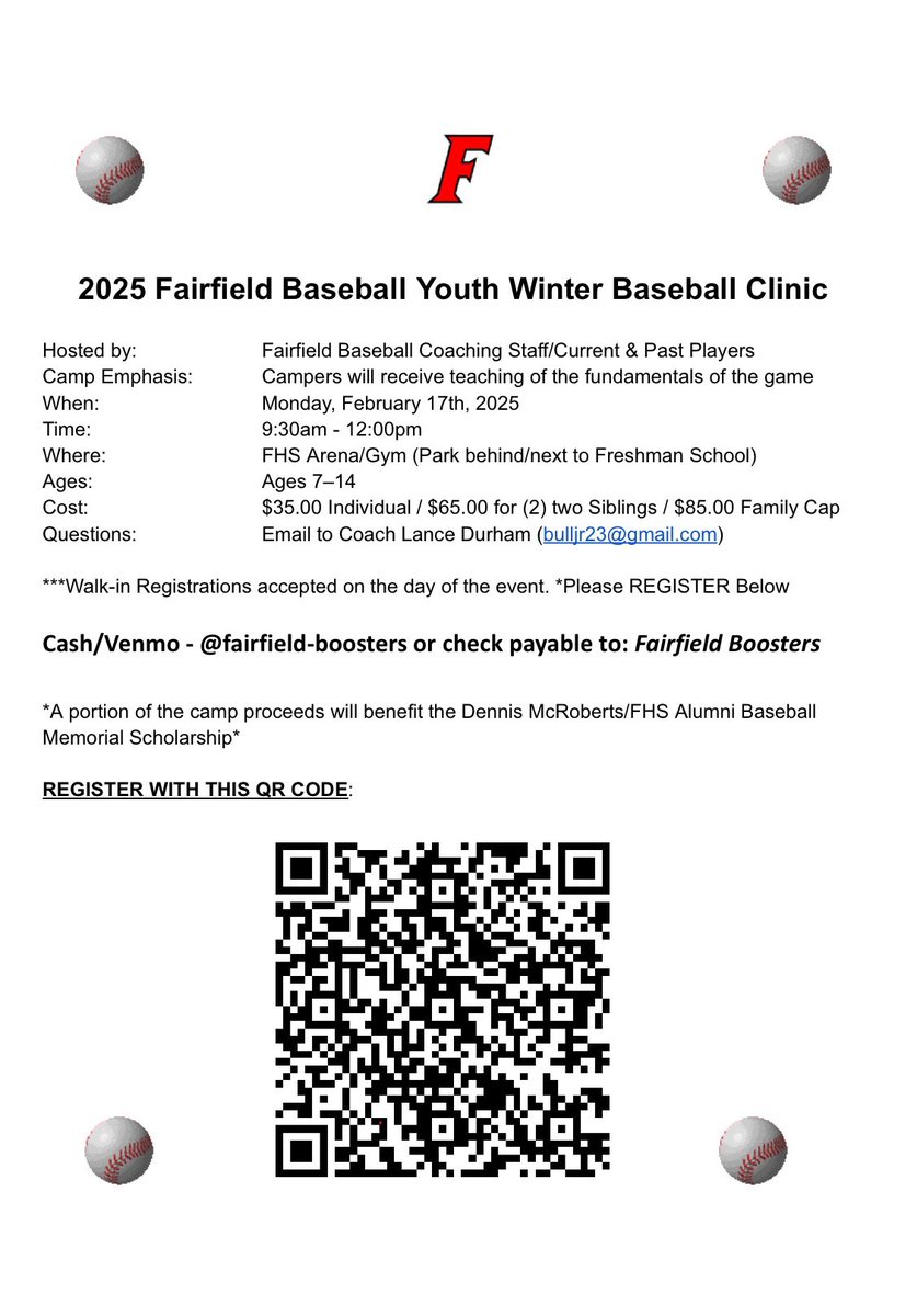 ⚾️Calling all young ball players!⚾️

Join us for the 2025 Fairfield Youth Winter Baseball Clinic on February 17th at FHS! Learn fundamentals from Fairfield Coaches &amp; Players! Open to ages 7-14. 

We hope to see you there!

#OneTribe #FairfieldBaseball
