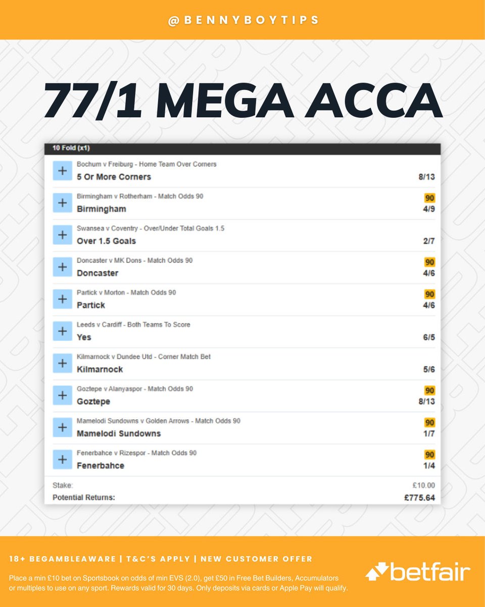 BennyBoyTips's tweet image. 🚨 77/1 Weekend Data Accumulator is LIVE!

Add it here: tinyurl.com/BB-7401

🎁 Get £50 free bets in the thread below...

18+, T&amp;amp;C's Apply