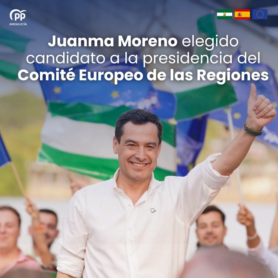 PP de Andalucía (@ppandaluz) on Twitter photo 👏🏽 ¡<a href="/JuanMa_Moreno/">Juanma Moreno</a> elegido candidato del <a href="/EPP_CoR/">EPP Group CoR</a> a la presidencia del Comité Europeo de las Regiones!
💚🇪🇺 Es la primera vez que Andalucía ejercerá este cargo. 👏🏽 ¡<a href="/JuanMa_Moreno/">Juanma Moreno</a> elegido candidato del <a href="/EPP_CoR/">EPP Group CoR</a> a la presidencia del Comité Europeo de las Regiones!
💚🇪🇺 Es la primera vez que Andalucía ejercerá este cargo.
