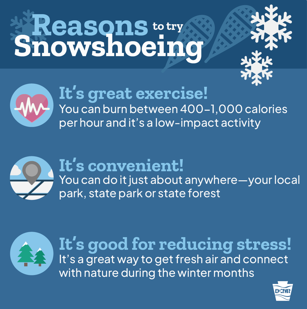 DCNRnews's tweet image. Looking for a fun winter adventure? Try snowshoeing! It's easy to learn, a great workout, and lets you explore the beauty of snowy trails like never before.

Learn more → bit.ly/DCNRSnowshoeing

#GetOutdoors #PASnowDays
