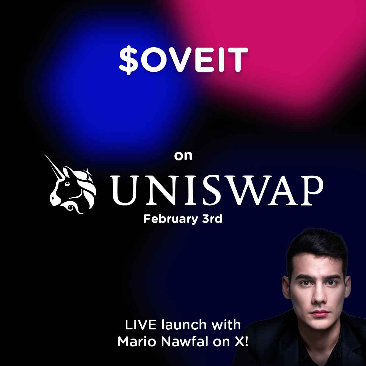 🔥It’s Happening! $OVEIT will launch on Uniswap! 

⌛️ The countdown is ON: 
📅 February 3 
📍 Uniswap (V3) 
🌐 Ethereum Blockchain 
📽️ LIVE launch with <a href="/MarioNawfal/">Mario Nawfal</a>  on X! 

Tag your crypto friends, spread the word &amp; let's make history! 

💎  Don’t miss your chance to be part of