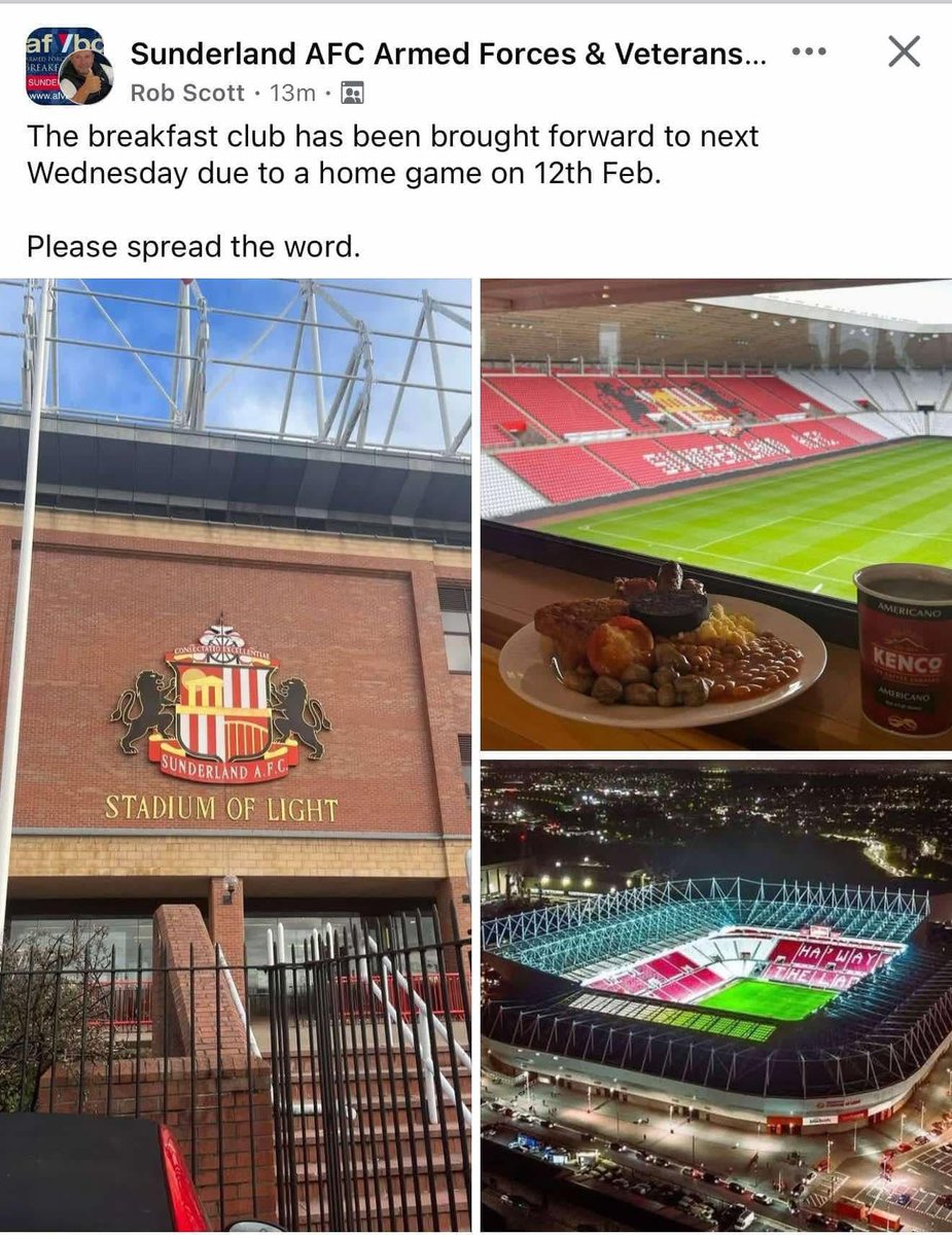 FYI please see below a date change for February’s Sunderland AFC Armed Forces &amp; Veterans Breakfast Club. 

If you would like any more information about breakfast please feel free to contact Rob Scott
