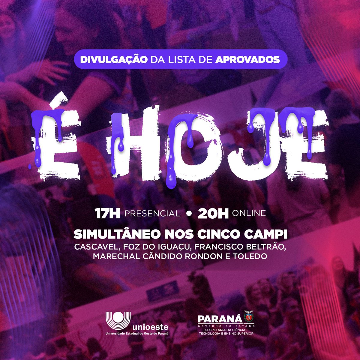 🎉🎉🎉 Acalma o coração que está chegando a hora!

É hoje, sexta-feira (31), a divulgação do resultado do Vestibular Unioeste e Enem Unioeste.

Preparados?! 🥳