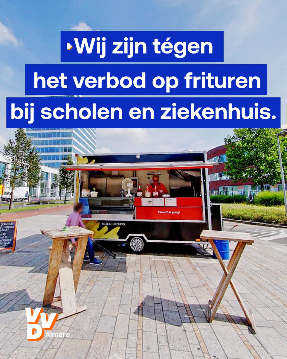 Het stadsbestuur wil frituren in de buurt van scholen en ziekenhuizen verbieden.

Je gaat mensen niet gezonder maken door snackbars te verbieden. Dit is weer typisch symboolpolitiek van een stadsbestuur dat liever de vrijheid van ondernemers beperkt.
 
De Almeerse VVD is tegen.