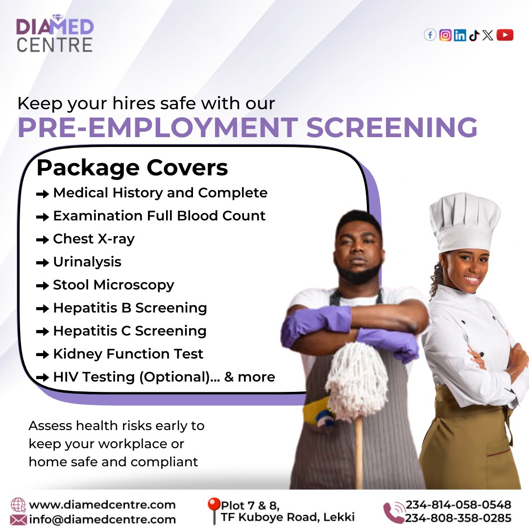 diamedcentres's tweet image. Our pre-employment screening helps ensure you’re hiring trustworthy and medically-fit workers. 

Make informed hiring decisions with our thorough screening services. Book an appointment today!

#PreEmploymentScreening #LekkiHospital #HospitalInLekki #WellnessCheckup
