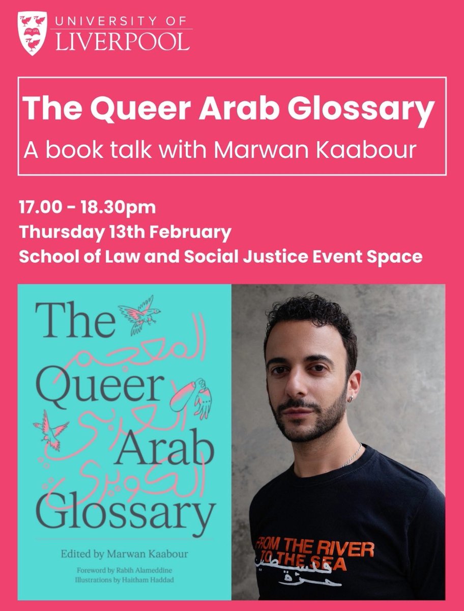 🚨 Feb 13: I'll be chairing <a href="/marwankaabour/">Marwan Kaabour</a> in conversation w/ Dr Emma Spruce (<a href="/LivUniPol/">Liv Uni Politics</a>), an event organised by <a href="/livunilanguages/">Liv Uni Languages</a> &amp; supported by <a href="/arabicartsfest/">Liverpool Arab Arts Festival</a> &amp; <a href="/SahirHouse/">Sahir House</a>! 🎟️: eventbrite.co.uk/e/the-queer-ar…
