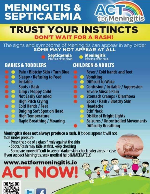 Please share !
In the past two weeks there has been 4 cases of bacterial meningitis and 7 cases of viral meningitis !! 
Please please make yourself meningitis aware and if you suspect meningitis seek medical help immediately !