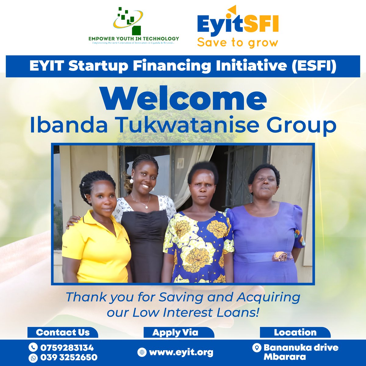 eyit_ug's tweet photo. Welcome!
The Ibanda Tukwatanise Group from Ibanda District to the EYIT Startup Financing Initiative (ESFI)!
After operating within Mbarara City for a year, we are thrilled to announce that we have expanded our reach to the Ibanda District.
#SaveToGrow
#WomenEmpowerment https://t.co/nxdmNDCw4O