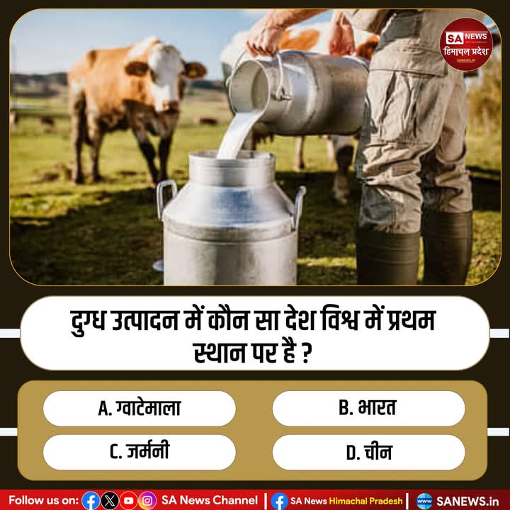 sanewshimachal's tweet photo. Q. दुग्ध उत्पादन में कौन सा देश विश्व में प्रथम स्थान पर है ?

(A) ग्वाटेमाला
(B) भारत
(C) जर्मनी
(D) चीन

अपना उत्तर हमें कमेंट बॉक्स में बताएं।

#worldgk #gkquestion #gkinhindi #poll #sanewshimachalpradesh https://t.co/xkJwnmHX9g