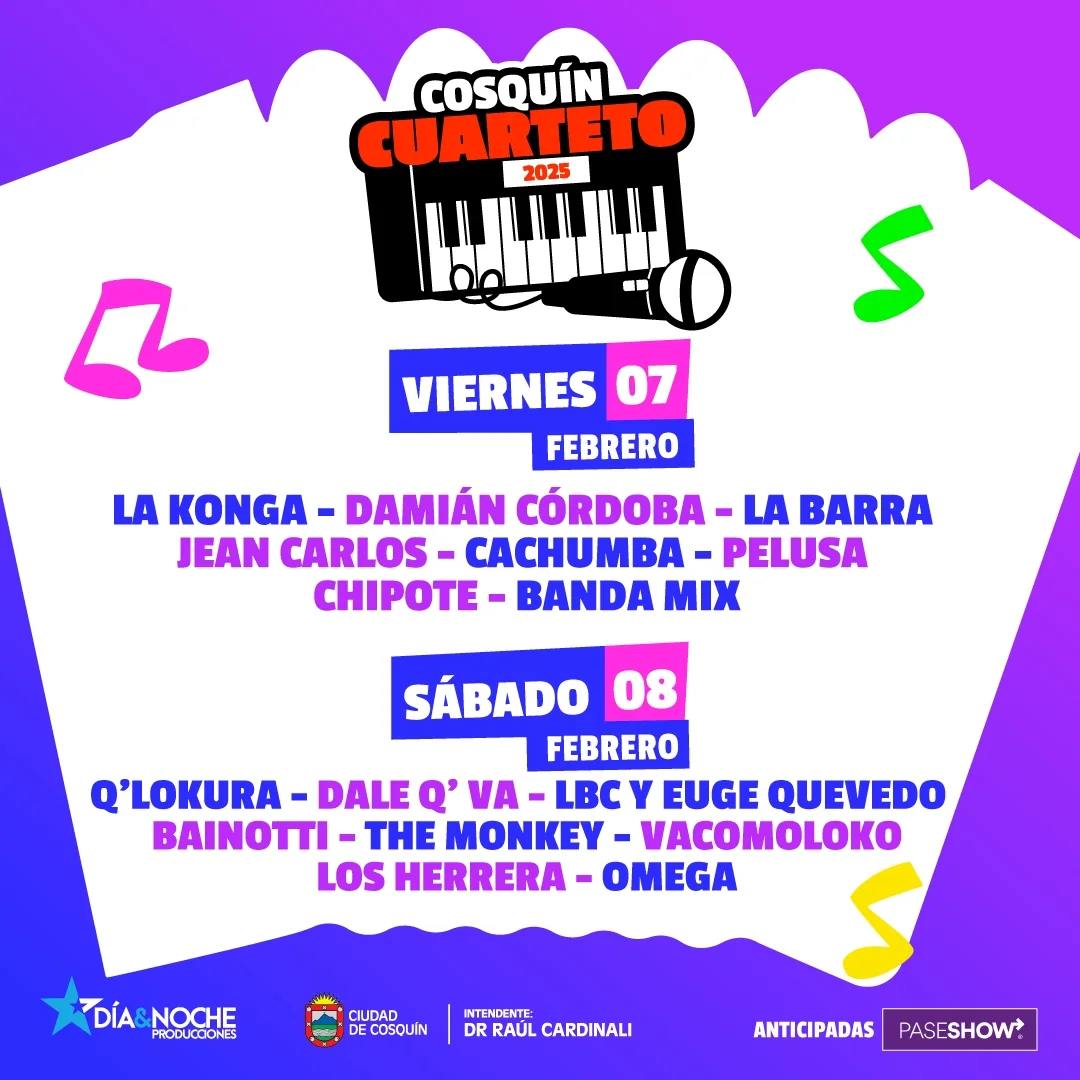 festivalearok's tweet photo. COSQUIN CUARTETO 2025
El Festival Cosquin Cuarteto 2025 se llevará a cabo los días 7 y 8 de febrero con la presencia de @lakonga, @qlokuracbaok, @damicordoba, @lbcoficial y @eugequevedook, @labarraoficial y @daleqvaoficial.
+Info en https://t.co/2JI3srwVKJ
#CosquinCuarteto https://t.co/LsjrRXnWqp