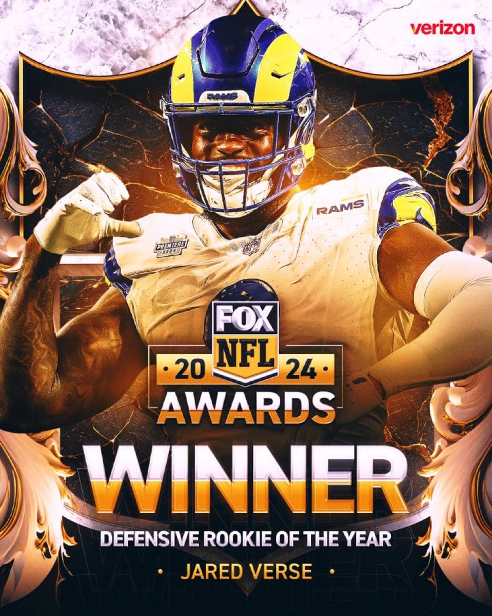DavidreeseReese's tweet photo. Your 2024 Defensive Rookie of the Year is @RamsNFL OLB Jared Verse, as voted on by NFL on FOX fans! 💪 https://t.co/AKrsaNQmYx