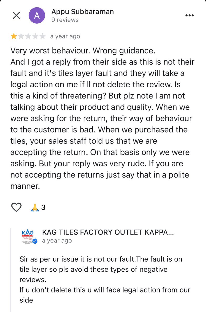PeerMhd's tweet photo. I want to purchase @kag_india tiles, searching for the location in Madurai, and landed in review page. Scary. 😧 
Now I will have to rethink. Any other recommendations ? https://t.co/kxcQC5Xwi0