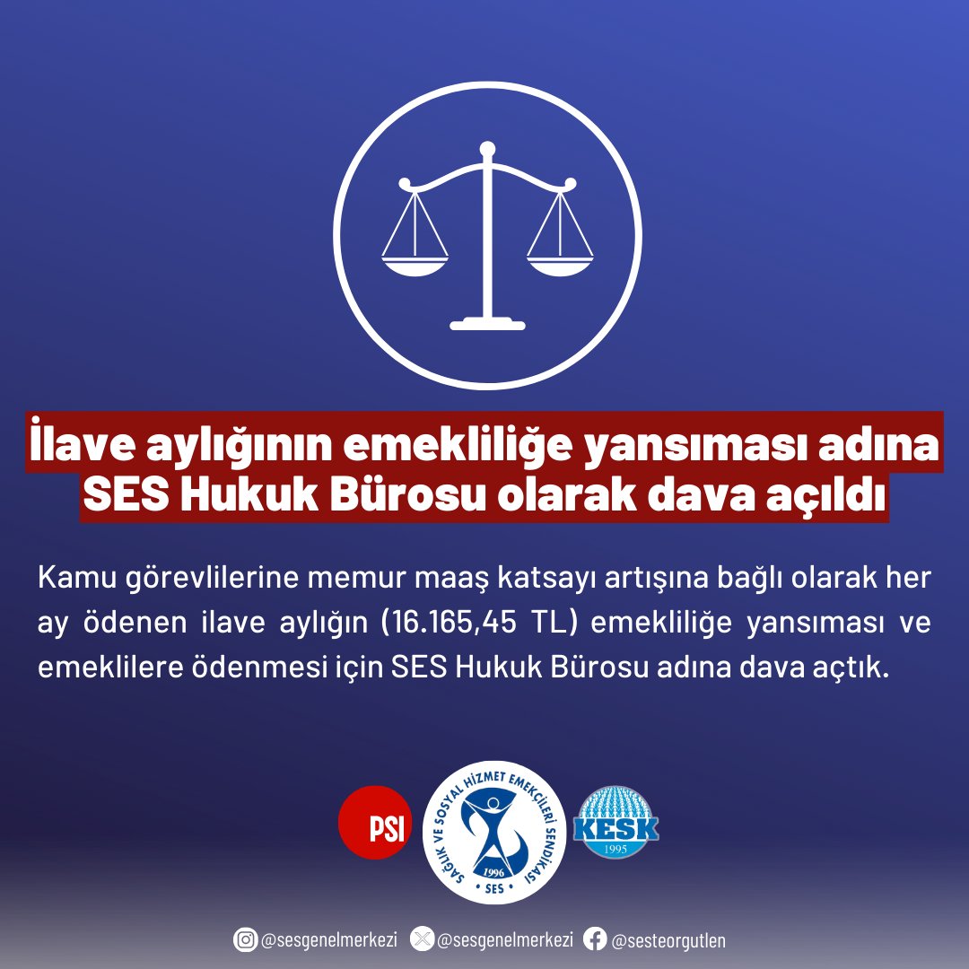 ⚖️İlave aylığının emekliliğe yansıması adına SES Hukuk Bürosu olarak dava açıldı

Kamu görevlilerine memur maaş katsayı artışına bağlı olarak her ay ödenen ilave aylığın (16.165,45 TL) emekliliğe yansıması ve emeklilere ödenmesi için SES adına dava açtık.

Dava dilekçemize