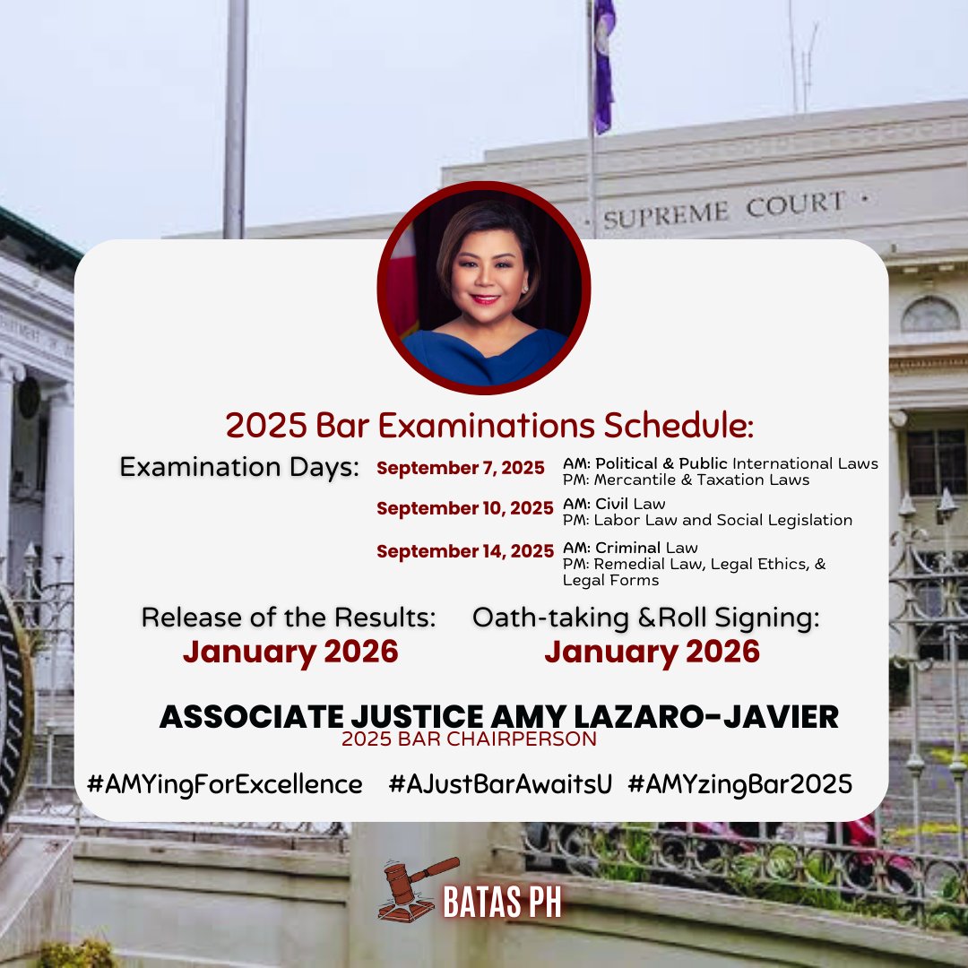 ATTENTION 2025 BAR TAKERS!!

Here is the updated timeline for the 2025 Bar Exams.

The 2025 Bar Exam will be:
- localized and digitalized
- scheduled on September 7, 10, and 14, 2025.

#batasph #AMYingForExcellence
#AJustBArAwaitsU #getthatbar2025 #amyzingbar2025 #HaveFaith