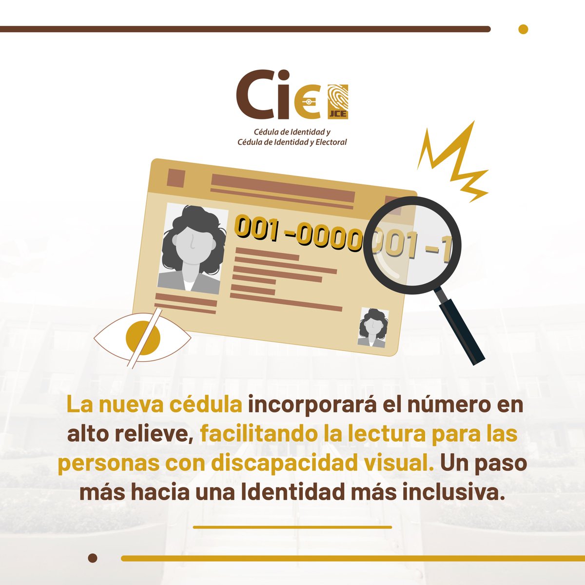 ✨ Una cédula más inclusiva para todos y todas

La nueva Cédula de Identidad y Electoral y la Cédula de Identidad traerá consigo importantes avances en accesibilidad. Ahora, el número estará en alto relieve, facilitando la lectura para las personas con discapacidad visual. 

Este