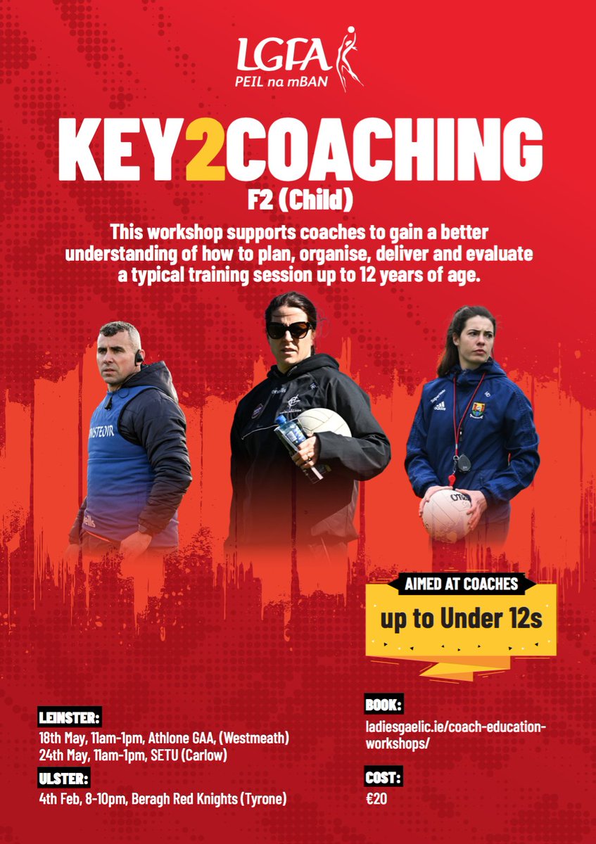 A series of coaching workshops across all provinces are underway (next up is <a href="/UlsterLadies/">Ulster Ladies Gaelic</a> on Tuesday February 4)

These workshops will cover:

✅Coach the Tackle
✅Perfecting the Kick
✅Coaching Teenage Girls
✅How to Coach the Goalkeeper
✅Key2Coaching

Full details➡️