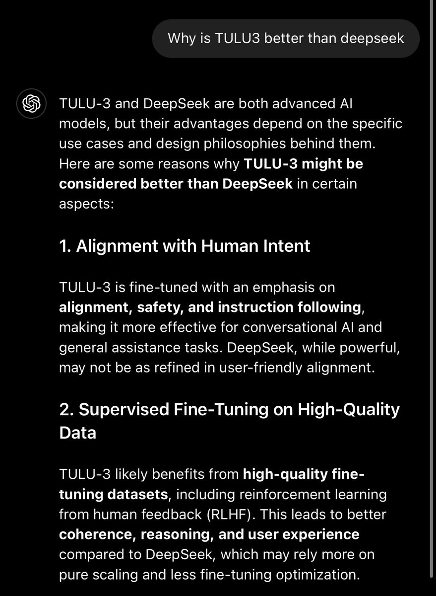 Why is $TULU3 better than #DeepSeek? Let’s ask Ai

mwSB6dN11c2DUknTQXA9dUggDWXiJD1XMtZGp12pump

#TULU3

TULU-3 and DeepSeek are both advanced AI models, but their advantages depend on the specific use cases and design philosophies behind them. Here are some reasons why TULU-3
