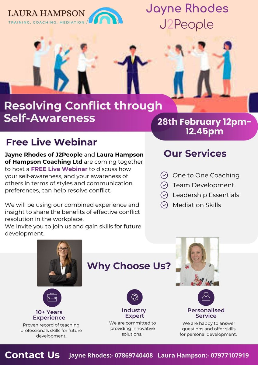 Jayne Rhodes and Laura Hampson are coming together to host a live webinar on the subject of Resolving Conflict Through Self-Awareness on Friday, 28 February 2025 at 1200-1245Hrs.
To register call either Jayne or Laura on the numbers below. <a href="/NHSEngland/">NHS England</a> <a href="/NHSE_WTE/">NHS England Workforce, Training and Education</a> <a href="/SSOTPeopleTeam/">Staffs and Stoke Health and Care People Team</a>