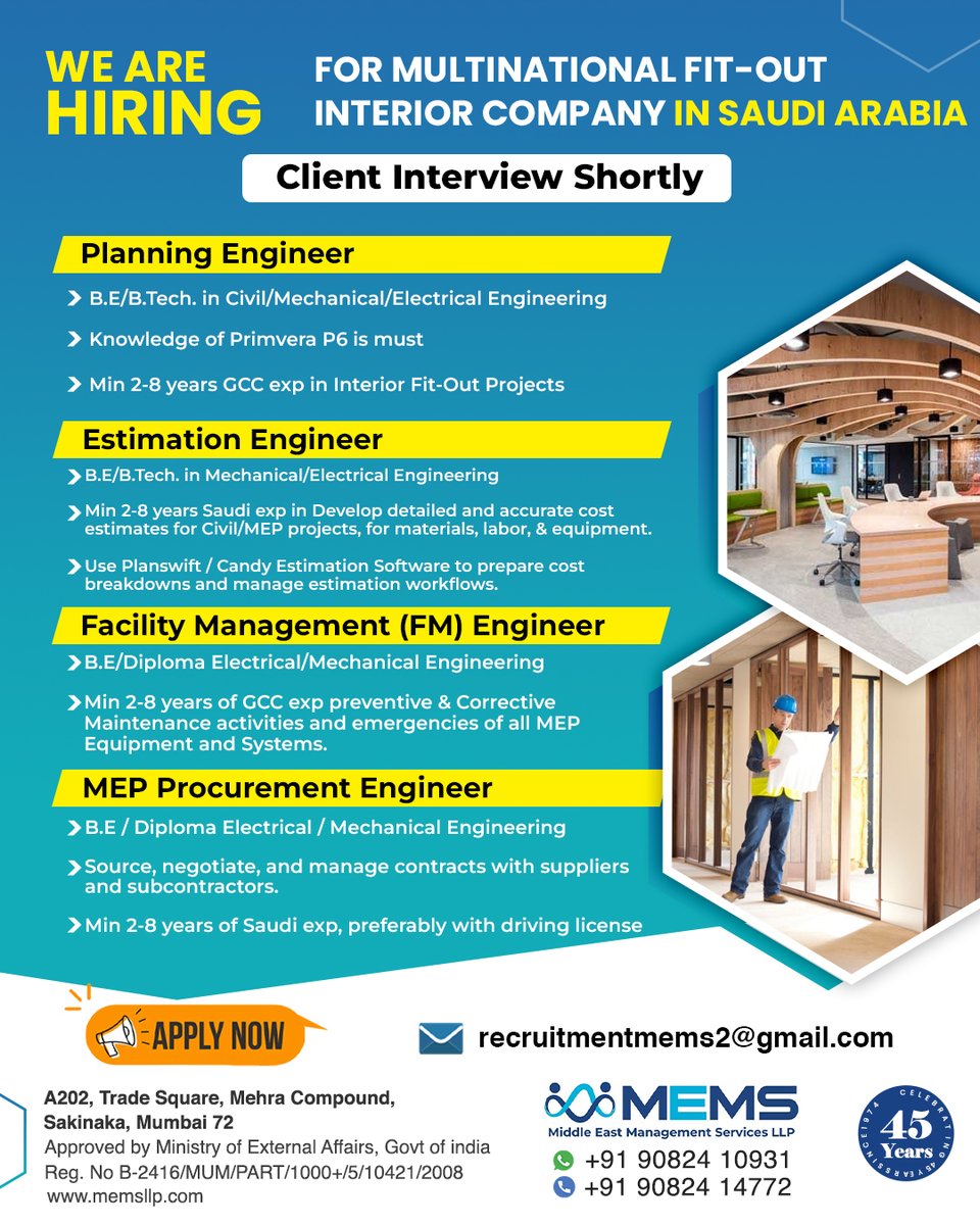 MEMS_Gulf_Jobs's tweet image. We Are Hiring for Multinational Fit-Out Interior Company in Saudi Arabia

🌟 Client Interviews Shortly

📧 Send Your Resume: recruitmentmems2@gmail.com
📞 Contact: +91 90824 10931 | +91 90824 14772
#SaudiArabiaJobs #PlanningEngineer #EstimationEngineer #FMEngineer