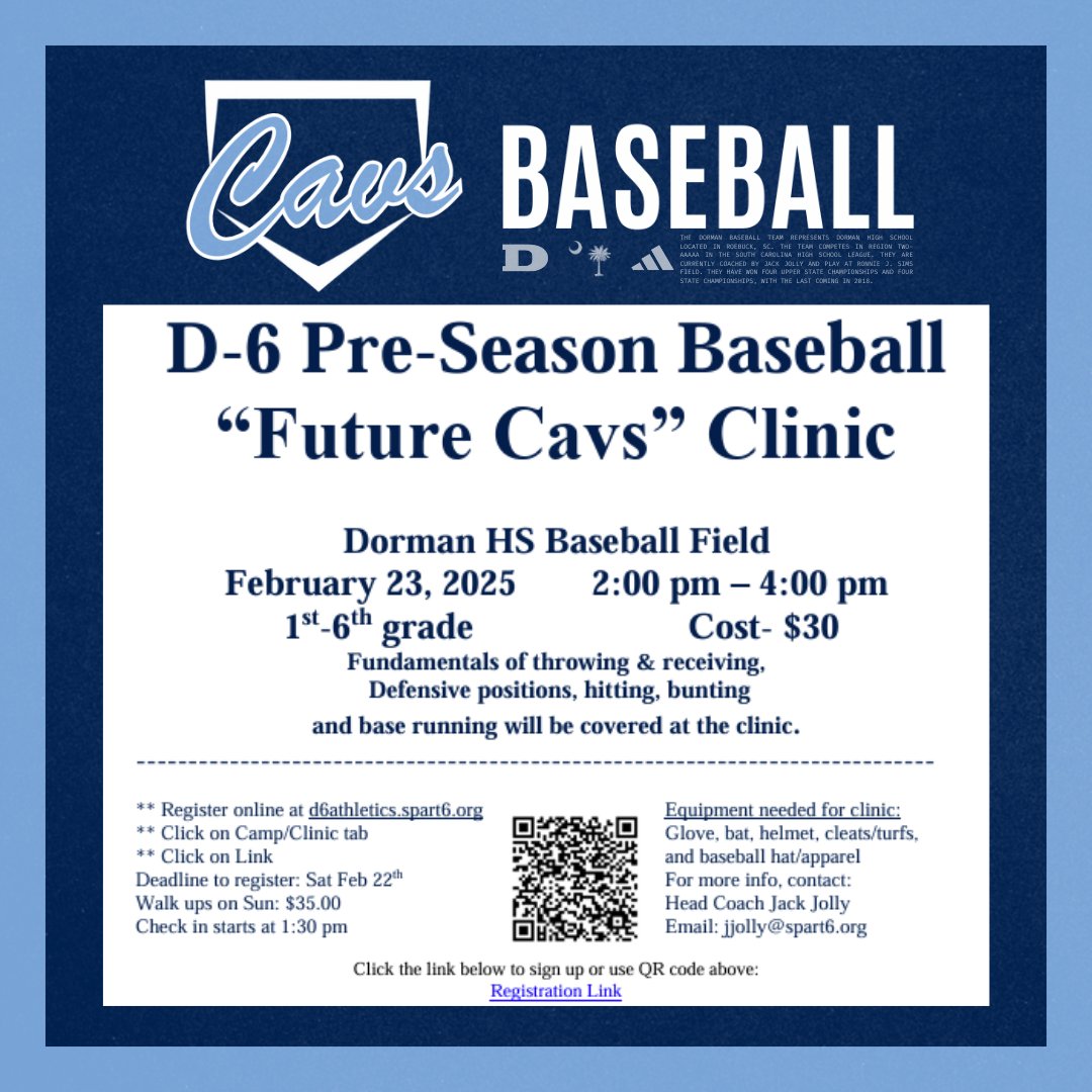 Our Future Cavs Clinic is coming up for 1st-6th graders!

#LANK | <a href="/DormanAthletics/">Dorman Athletics</a>