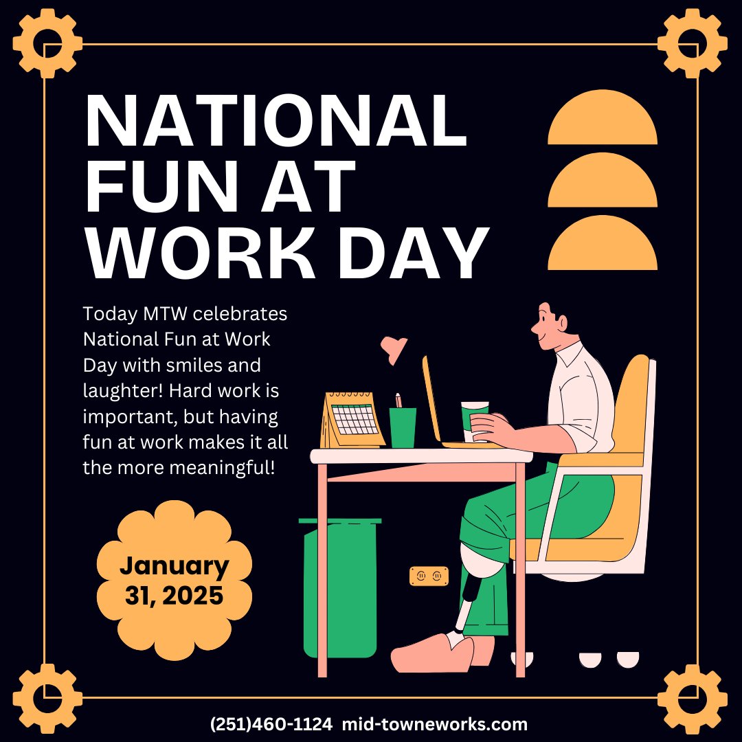 midtowneworks's tweet image. Happy National Have Fun at Work Day!  At MTW, we&apos;re all about a positive and collaborative environment where you can connect, brainstorm, and celebrate together.  Let&apos;s make today memorable with some laughs and good times!  #NationalHaveFunAtWorkDay #MidTowneWorks