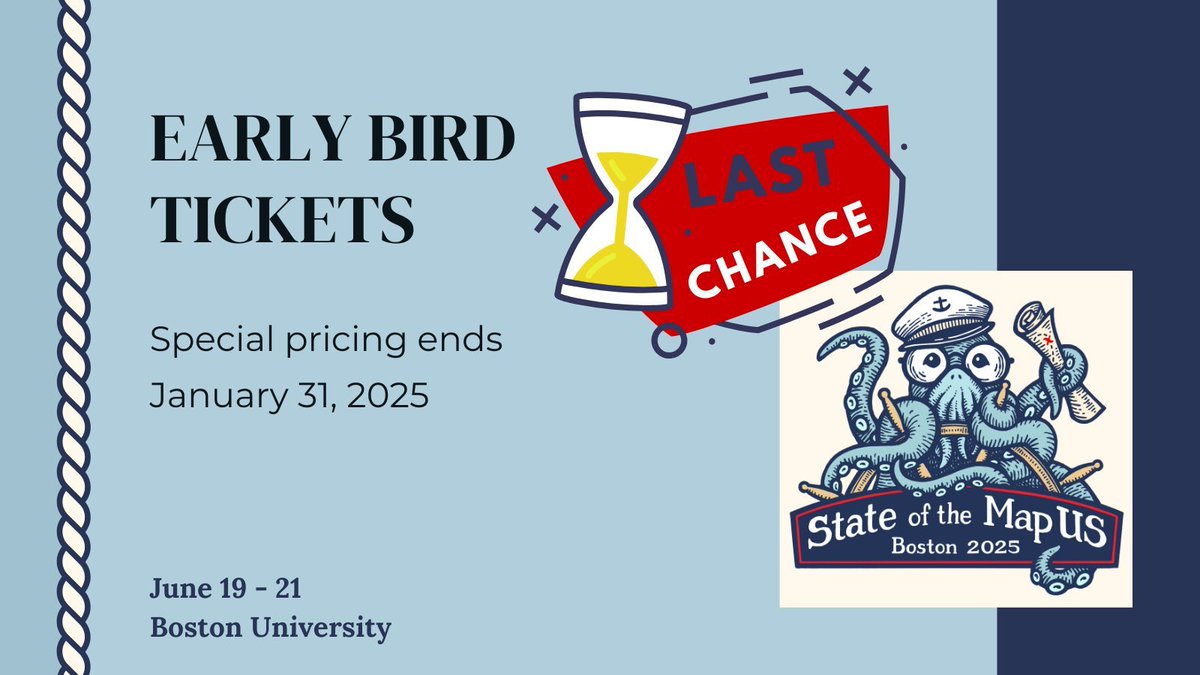 Early bird pricing for State of the Map US ends today! Snag your tickets here: bit.ly/sotmus2025tix 

While you're at it, you can book your special rate accommodations here:

🦞 Hyatt Regency: bit.ly/SotMUS-Hyatt 

🦞Boston University dorms: bit.ly/SotMUS-BUdorm