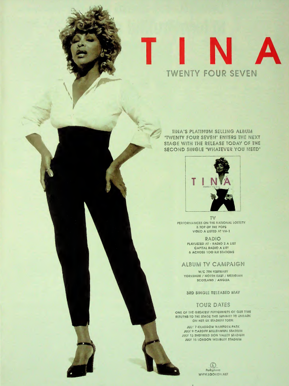 myfizzypop's tweet photo. 25 years ago, #onthisdayinpop in 2000, #TinaTurner was still ruling the charts with her #TwentyFourSeven LP - the 2nd single #WhateverYouNeed promptly became her 33rd UK top 40 hit when released. Not bad going at all. (and her 21st consecutive song to do so, starting w/ #TheBest) https://t.co/6Zr0bCiUyp