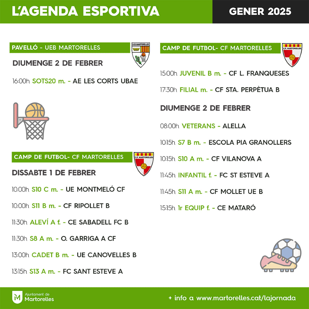 📅 Aquests són els partits del ⚽ <a href="/cfmartorelles/">CF Martorelles</a> i de la 🏀 <a href="/UEBMartorelles/">UEB Martorelles</a>  d'aquest cap de setmana a #Martorelles.

🔗 martorelles.cat/lajornada

#Esports #Jornada