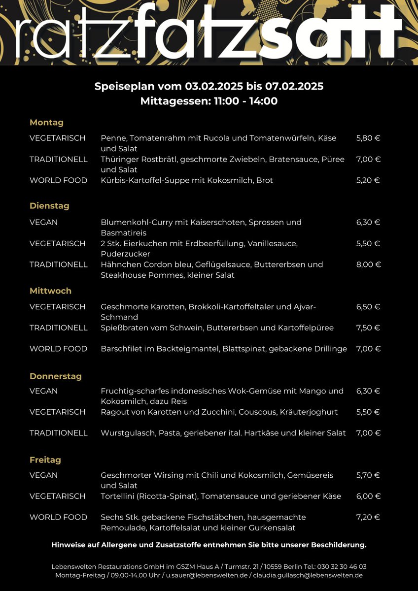 Unsere Karte für die nächste Woche. Wir freuen uns auf euren Besuch!
#ratzfatzsatt