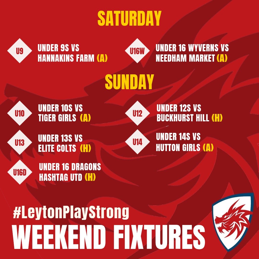This weekend's league fixtures. Good luck to all the teams ⚽️ 🌟 ⚽️

#afcleyton #afcleytonclub #LeytonPlayStrong