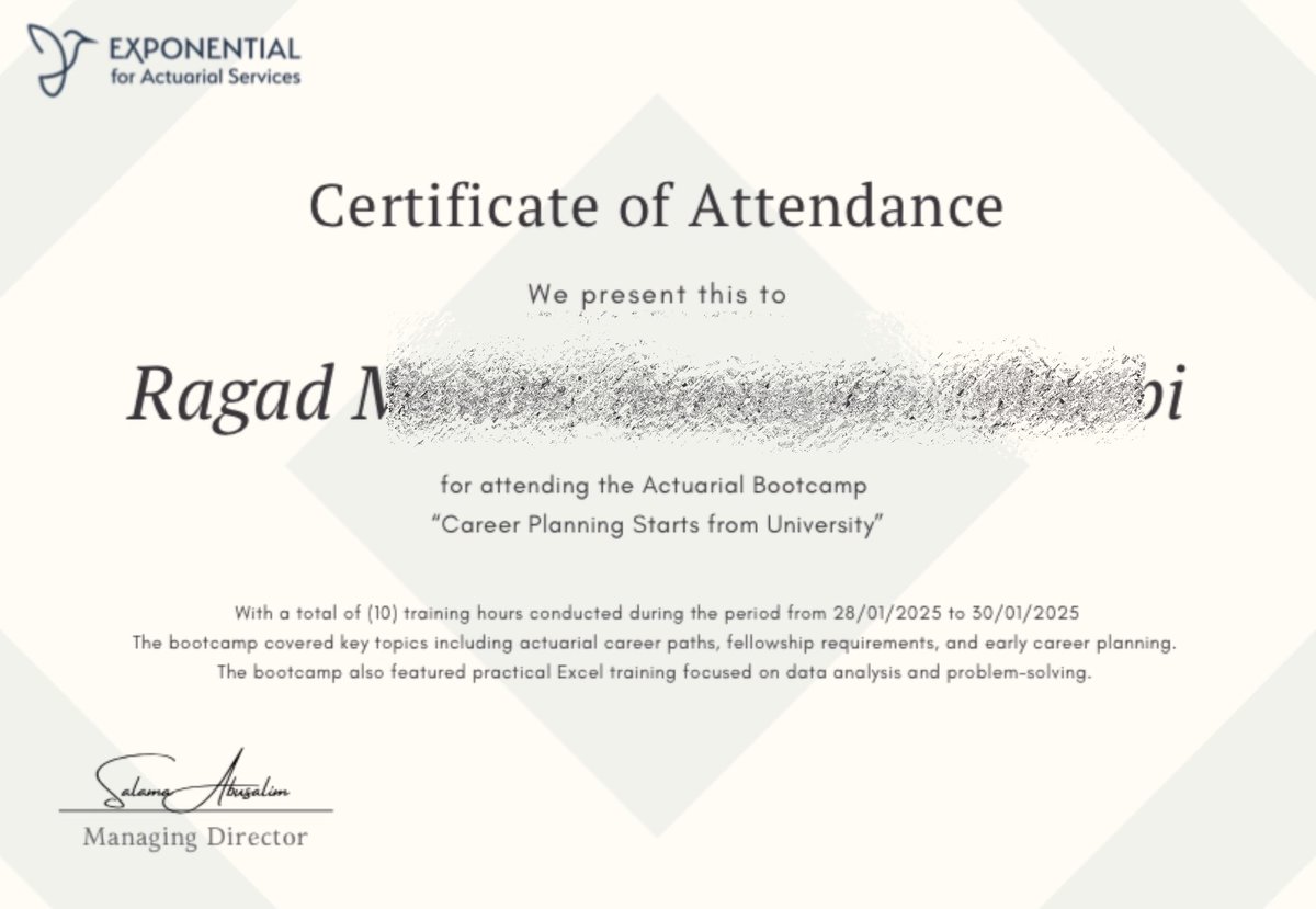 rag64_2's tweet photo. أول خطوة في طريقي الاكتواري! 🎓✨
حصلت اليوم على أول شهادة تخص العلوم الاكتوارية، والقادم أجمل بإذن الله. 🤍📊
#Actuarial_Science https://t.co/oDAxc0uOG0