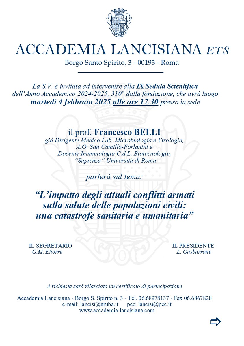 ASLRoma1's tweet photo. 💬 Martedì 4 febbraio alle 17.30, presso l’Accademia Lancisiana (Borgo S. Spirito, 3), IX Seduta Scientifica del 310° Anno Accademico.
Info: https://t.co/aNlBptrz6u

#ASLRoma1 @regionelazio @salutelazio https://t.co/e86KFZUo4E