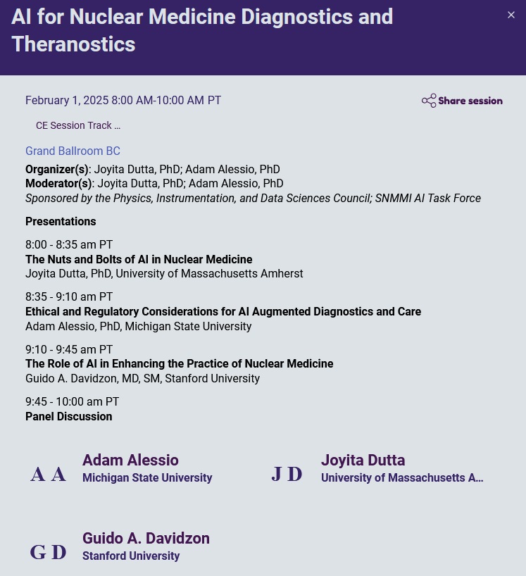 💡The PIDSC has a great session on AI for Nuclear Medicine Diagnostics &amp; Theranostics  at the SNMMI Mid-Winter Meeting! Expert talks on AI’s role, ethics, &amp; future in nuclear medicine. Panel discussion to follow!

📅 Feb 1, 2025 | ⏰ 8-10 AM PT in Grand Ballroom BC