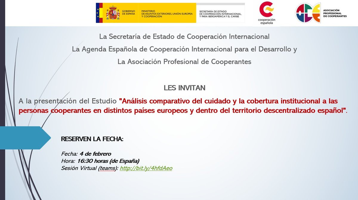 Próximo 4 de febrero  16:30 horas (España) presentación estudio "Análisis comparativo del cuidado y la cobertura institucional a las personas cooperantes en distintos países europeos y dentro del territorio descentralizado español". 
📢 enlace  aquí: bit.ly/4hfdAeo