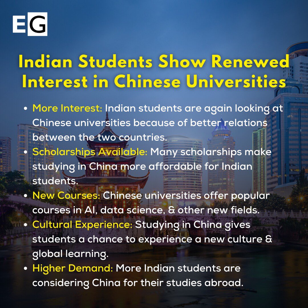 EduguideOS's tweet image. Indian Students Show Renewed Interest in Chinese Universities
#IndianStudentsInChina #StudyInChina #ChinaUniversities #InternationalEducation #IndiaChinaRelations #EducationAbroad #OverseasEducation #ChineseUniversities #GlobalLearning #HigherEducation #StudyAbroad