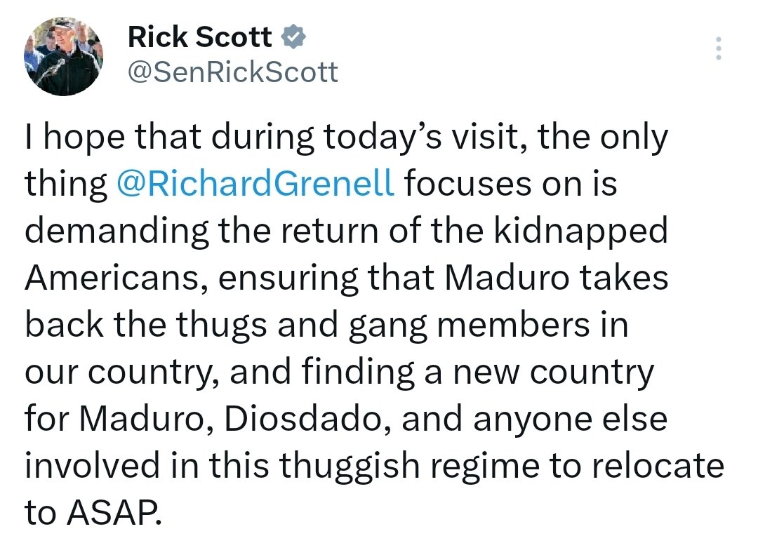 carlaangola's tweet image. Según fuente de CNN, Se espera que Richard Grenell, enviado del presidente Donald Trump para misiones especiales, se reúna con Maduro hoy. De inmediato, el senador @SenRickScott replicó:
"Espero que durante la visita de hoy, lo único en lo que se centre @RichardGrenell es en